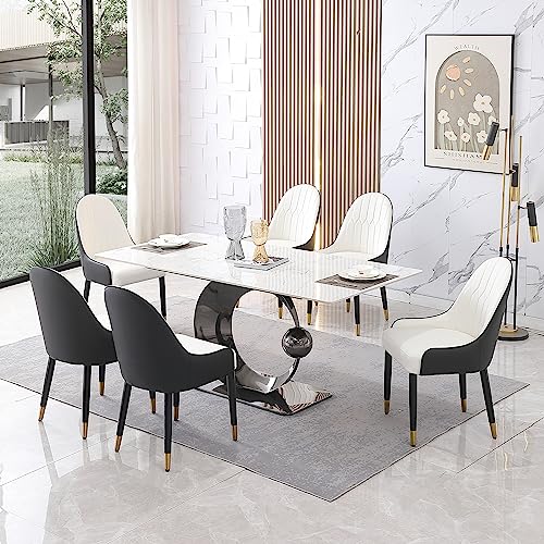 Runboll 7 Pieces Dining Table Set for 6 Modern 71" Sintered Stone Rectangular Dinner Table with 6 PU Leather Chairs Set for Kitchen Dining Room