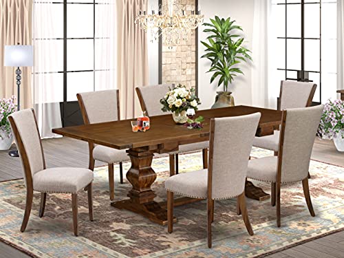 East West Furniture LAVE7-88-04 7 Piece Dining Table Set Consist of a Rectangle Dining Room Table with Removable Leaf and 6 Light Tan Linen Fabric Parson Chairs, 42x92 Inch, Walnut