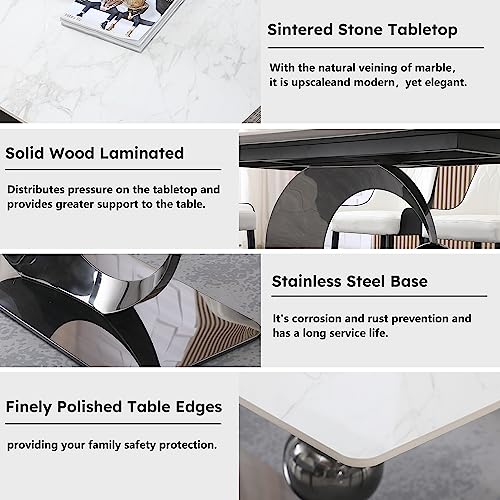 Runboll 7 Pieces Dining Table Set for 6 Modern 71" Sintered Stone Rectangular Dinner Table with 6 PU Leather Chairs Set for Kitchen Dining Room