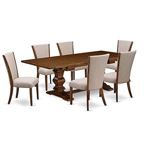 East West Furniture LAVE7-88-04 7 Piece Dining Table Set Consist of a Rectangle Dining Room Table with Removable Leaf and 6 Light Tan Linen Fabric Parson Chairs, 42x92 Inch, Walnut