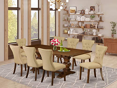 East West Furniture LAGA9-88-03 9 Piece Dining Table Set includes a Rectangle Kitchen Table with Removable Leaf and 8 Brown Linen Fabric Parson Dining Chairs, 42x92 Inch, Walnut