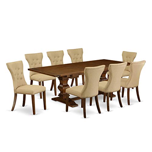 East West Furniture LAGA9-88-03 9 Piece Dining Table Set includes a Rectangle Kitchen Table with Removable Leaf and 8 Brown Linen Fabric Parson Dining Chairs, 42x92 Inch, Walnut