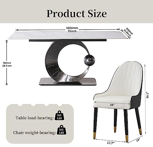 Runboll 7 Pieces Dining Table Set for 6 Modern 71" Sintered Stone Rectangular Dinner Table with 6 PU Leather Chairs Set for Kitchen Dining Room