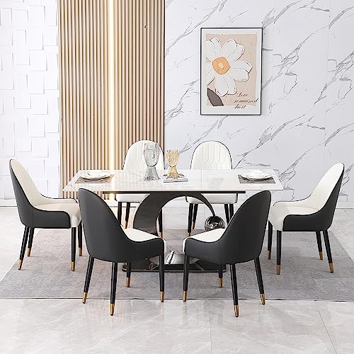 Runboll 7 Pieces Dining Table Set for 6 Modern 71" Sintered Stone Rectangular Dinner Table with 6 PU Leather Chairs Set for Kitchen Dining Room