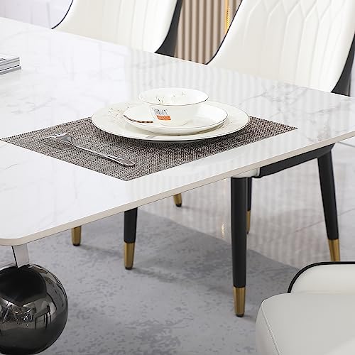 Runboll 7 Pieces Dining Table Set for 6 Modern 71" Sintered Stone Rectangular Dinner Table with 6 PU Leather Chairs Set for Kitchen Dining Room