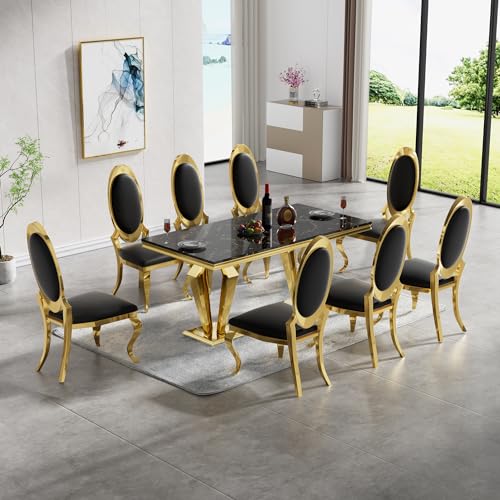 Henf 9 Piece Marble Dining Table Set for 8, Modern Gold Kitchen Table and Chairs for 8, Dining Room Table Set with 70" Faux Marble Dinner Table & 8 Upholstered Leather Chairs w/Stainless Steel Legs