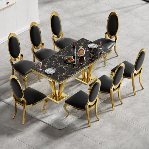 Henf 9 Piece Marble Dining Table Set for 8, Modern Gold Kitchen Table and Chairs for 8, Dining Room Table Set with 70" Faux Marble Dinner Table & 8 Upholstered Leather Chairs w/Stainless Steel Legs