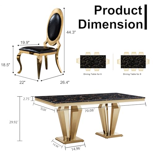 Henf 9 Piece Marble Dining Table Set for 8, Modern Gold Kitchen Table and Chairs for 8, Dining Room Table Set with 70" Faux Marble Dinner Table & 8 Upholstered Leather Chairs w/Stainless Steel Legs