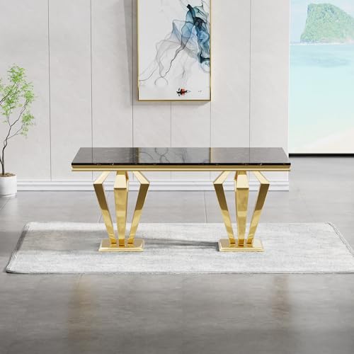 Henf 9 Piece Marble Dining Table Set for 8, Modern Gold Kitchen Table and Chairs for 8, Dining Room Table Set with 70" Faux Marble Dinner Table & 8 Upholstered Leather Chairs w/Stainless Steel Legs