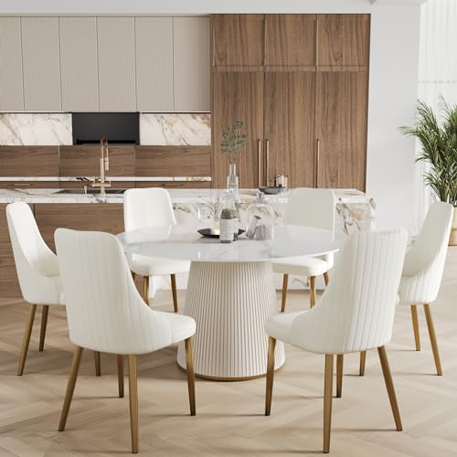 59'' Round Marble Dining Table for 6, Modern White Sintered Stone Top Kitchen Table for Dining Room,Faux Marble Circle Dining Table with Solid Wood Panel Pedestal,Wrapped in PU Leather (Only Table)