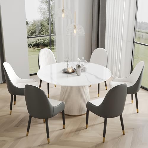 59'' Round Marble Dining Table for 6, Modern White Sintered Stone Top Kitchen Table for Dining Room,Faux Marble Circle Dining Table with Solid Wood Panel Pedestal,Wrapped in PU Leather (Only Table)