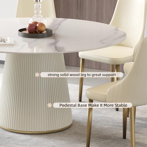 59'' Round Marble Dining Table for 6, Modern White Sintered Stone Top Kitchen Table for Dining Room,Faux Marble Circle Dining Table with Solid Wood Panel Pedestal,Wrapped in PU Leather (Only Table)