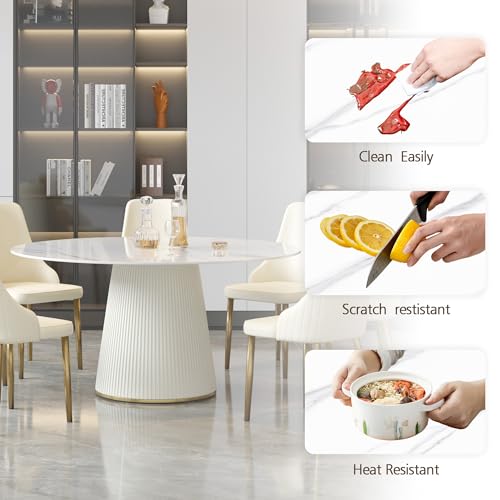 59'' Round Marble Dining Table for 6, Modern White Sintered Stone Top Kitchen Table for Dining Room,Faux Marble Circle Dining Table with Solid Wood Panel Pedestal,Wrapped in PU Leather (Only Table)
