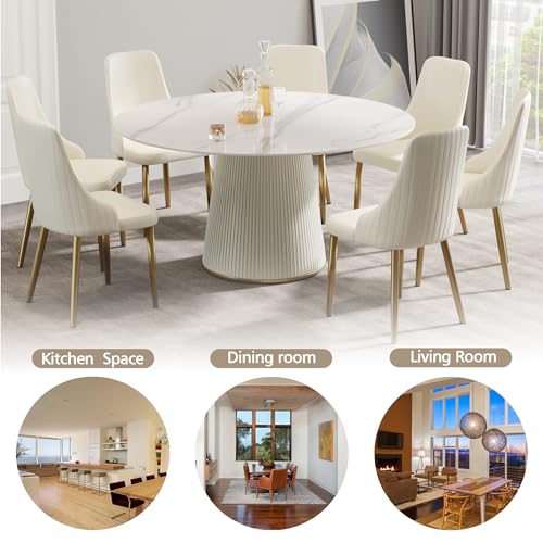 59'' Round Marble Dining Table for 6, Modern White Sintered Stone Top Kitchen Table for Dining Room,Faux Marble Circle Dining Table with Solid Wood Panel Pedestal,Wrapped in PU Leather (Only Table)