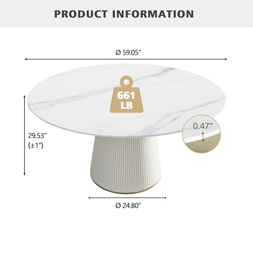 59'' Round Marble Dining Table for 6, Modern White Sintered Stone Top Kitchen Table for Dining Room,Faux Marble Circle Dining Table with Solid Wood Panel Pedestal,Wrapped in PU Leather (Only Table)