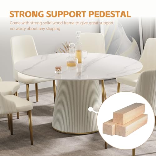 59'' Round Marble Dining Table for 6, Modern White Sintered Stone Top Kitchen Table for Dining Room,Faux Marble Circle Dining Table with Solid Wood Panel Pedestal,Wrapped in PU Leather (Only Table)