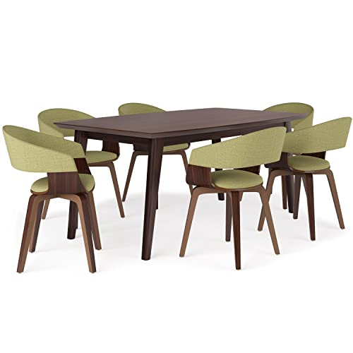 SIMPLIHOME Lowell / Draper Mid Century Modern 7 Pc Dining Set with 6 Upholstered Bentwood Dining Chairs in Acid Green Linen Look Fabric and 66 Inch Wide Table, For the Dining Room and Kitchen