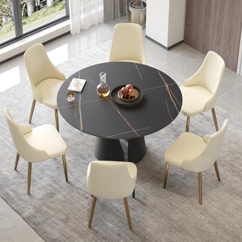 Modern Round Dining Table, Sintered Stone Black Tabletop, Kitchen Table with Solid Carbon Steel Base, 53" Black Dining Table for 6