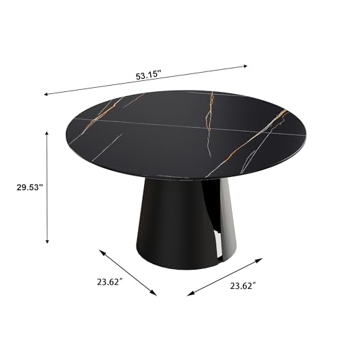 Modern Round Dining Table, Sintered Stone Black Tabletop, Kitchen Table with Solid Carbon Steel Base, 53" Black Dining Table for 6