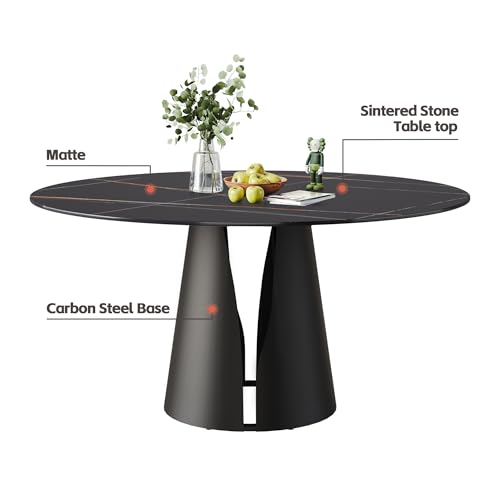Modern Round Dining Table, Sintered Stone Black Tabletop, Kitchen Table with Solid Carbon Steel Base, 53" Black Dining Table for 6