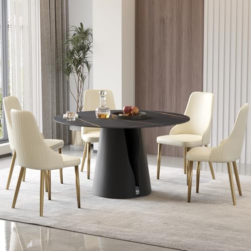 Modern Round Dining Table, Sintered Stone Black Tabletop, Kitchen Table with Solid Carbon Steel Base, 53" Black Dining Table for 6