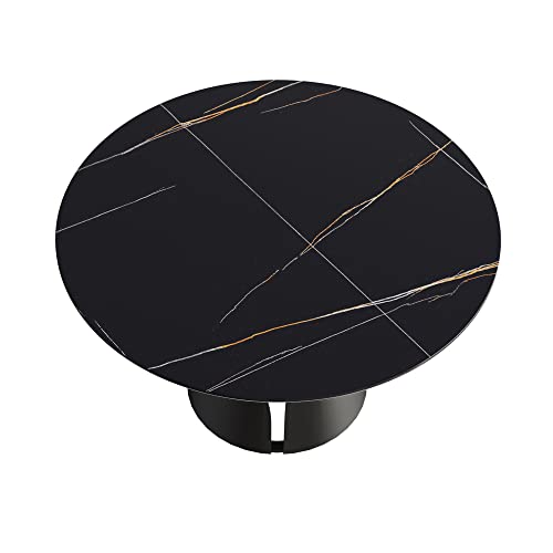 Modern Round Dining Table, Sintered Stone Black Tabletop, Kitchen Table with Solid Carbon Steel Base, 53" Black Dining Table for 6