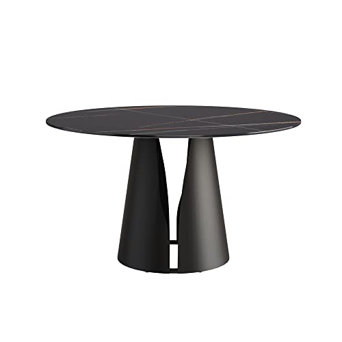 Modern Round Dining Table, Sintered Stone Black Tabletop, Kitchen Table with Solid Carbon Steel Base, 53" Black Dining Table for 6
