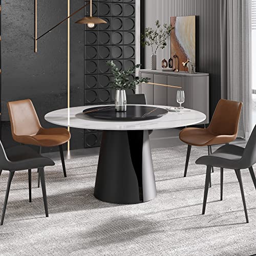 Sdorens Modern Round Dining Table for 8, White Sintered Stone Tabletop, Lazy Susan, Kitchen Table with Round Black Carbon Steel Base, 59"