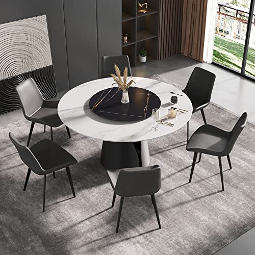 Sdorens Modern Round Dining Table for 8, White Sintered Stone Tabletop, Lazy Susan, Kitchen Table with Round Black Carbon Steel Base, 59"