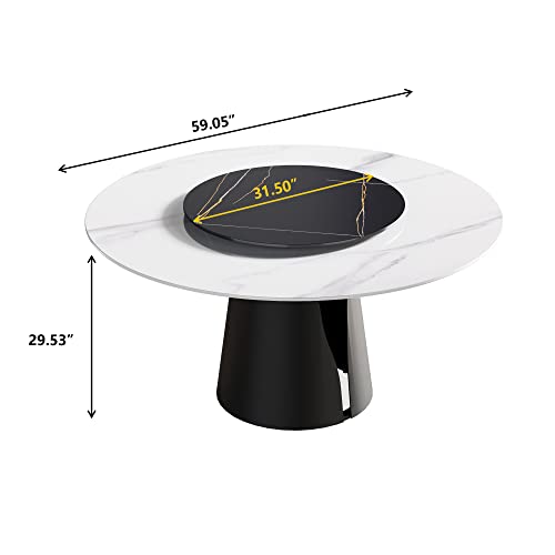 Sdorens Modern Round Dining Table for 8, White Sintered Stone Tabletop, Lazy Susan, Kitchen Table with Round Black Carbon Steel Base, 59"