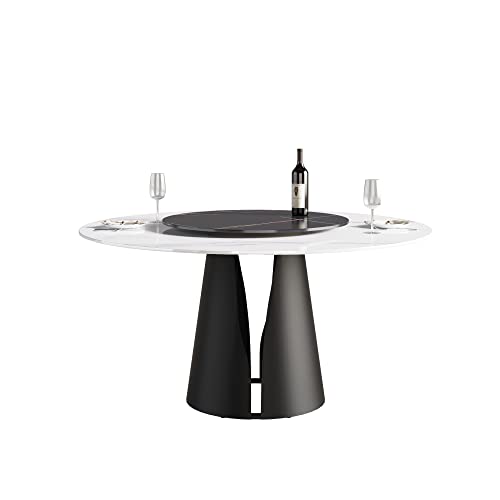 Sdorens Modern Round Dining Table for 8, White Sintered Stone Tabletop, Lazy Susan, Kitchen Table with Round Black Carbon Steel Base, 59"