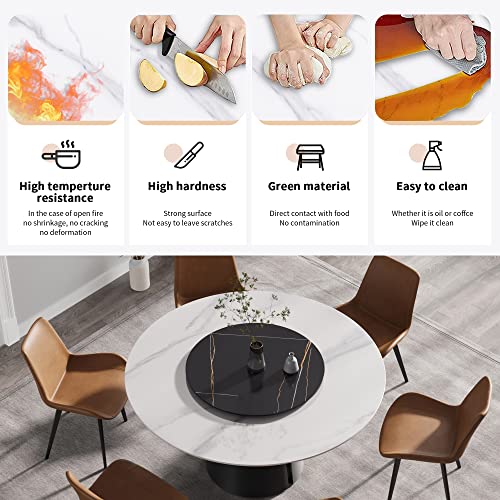 Sdorens Modern Round Dining Table for 8, White Sintered Stone Tabletop, Lazy Susan, Kitchen Table with Round Black Carbon Steel Base, 59"
