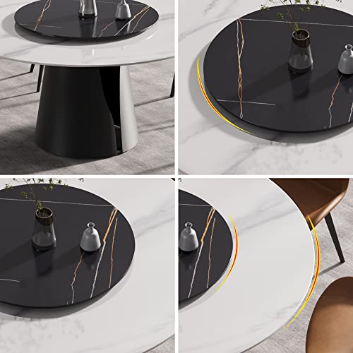 Sdorens Modern Round Dining Table for 8, White Sintered Stone Tabletop, Lazy Susan, Kitchen Table with Round Black Carbon Steel Base, 59"