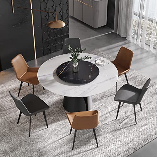 Sdorens Modern Round Dining Table for 8, White Sintered Stone Tabletop, Lazy Susan, Kitchen Table with Round Black Carbon Steel Base, 59"