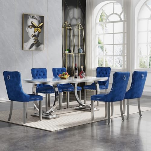 Goujxcy 7 Piece Marble Dining Table Set for 6, Luxury White Marble Silver Kitchen Table with 6 Blue Velvet Upholstered Chairs, Modern 6 Person Dining Room Table Set for Kicken Dining Office Room