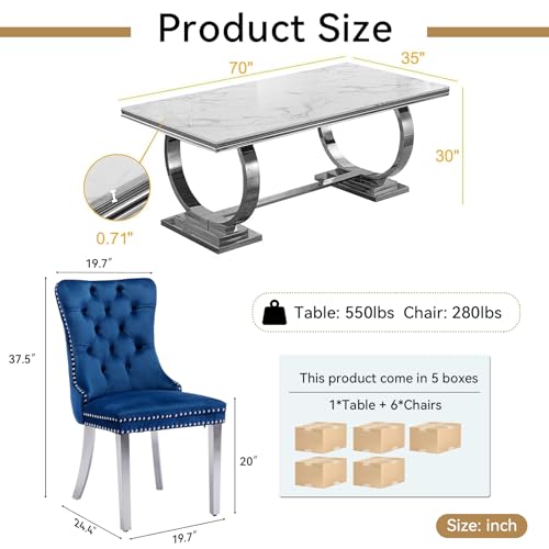 Goujxcy 7 Piece Marble Dining Table Set for 6, Luxury White Marble Silver Kitchen Table with 6 Blue Velvet Upholstered Chairs, Modern 6 Person Dining Room Table Set for Kicken Dining Office Room