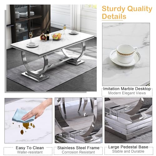 Goujxcy 7 Piece Marble Dining Table Set for 6, Luxury White Marble Silver Kitchen Table with 6 Blue Velvet Upholstered Chairs, Modern 6 Person Dining Room Table Set for Kicken Dining Office Room