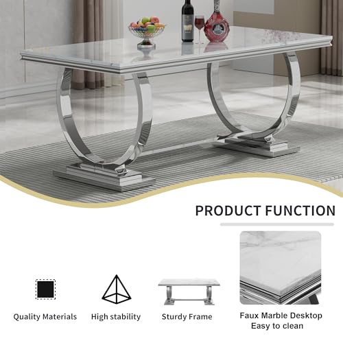 Goujxcy 7 Piece Marble Dining Table Set for 6, Luxury White Marble Silver Kitchen Table with 6 Blue Velvet Upholstered Chairs, Modern 6 Person Dining Room Table Set for Kicken Dining Office Room