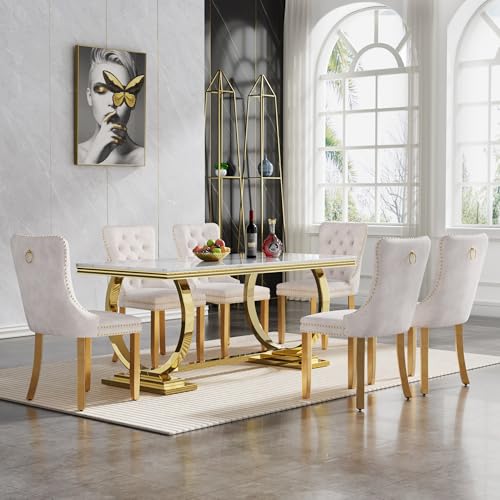 Gnrolaz 7 Pieces Dining Table Set, Luxurious Gold Dining Table and Chair Set for 6, 70inch Faux Marble Dining Room Table with 6 Dining Chairs, Dual-U Stainless Steel Base Kitchen Table for 6
