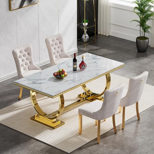 Gnrolaz 7 Pieces Dining Table Set, Luxurious Gold Dining Table and Chair Set for 6, 70inch Faux Marble Dining Room Table with 6 Dining Chairs, Dual-U Stainless Steel Base Kitchen Table for 6