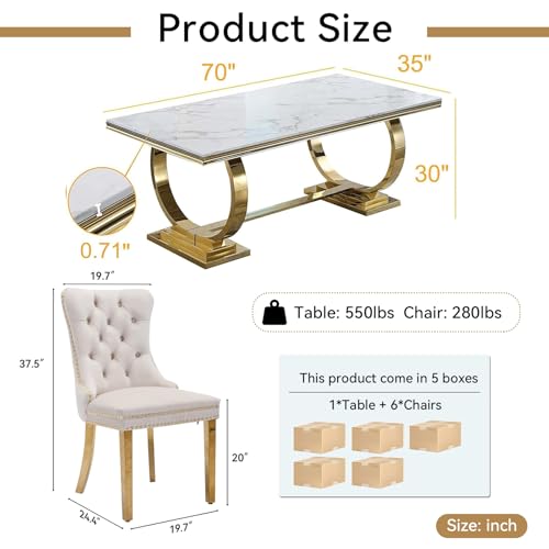 Gnrolaz 7 Pieces Dining Table Set, Luxurious Gold Dining Table and Chair Set for 6, 70inch Faux Marble Dining Room Table with 6 Dining Chairs, Dual-U Stainless Steel Base Kitchen Table for 6
