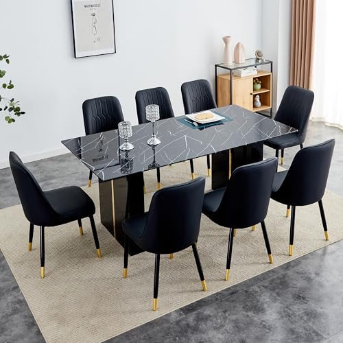 MUUOKY 71" Dining Table Set for 8,9 Piece Dining Table Set, Black Marble Dining Table with 8 PU Leather dining chairs for Kitchen, Dining and Living Room