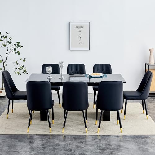MUUOKY 71" Dining Table Set for 8,9 Piece Dining Table Set, Black Marble Dining Table with 8 PU Leather dining chairs for Kitchen, Dining and Living Room