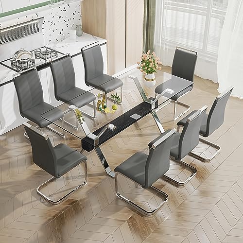 HAIZAO 79 inch Glass Dining Table Set for 8, Tempered Glass Tabletop with Silver Plated Metal Legs & Black MDF Crossbars, PU Faux Leather Chairs with Silver Metal Legs, for Kitchen, Dark Grey