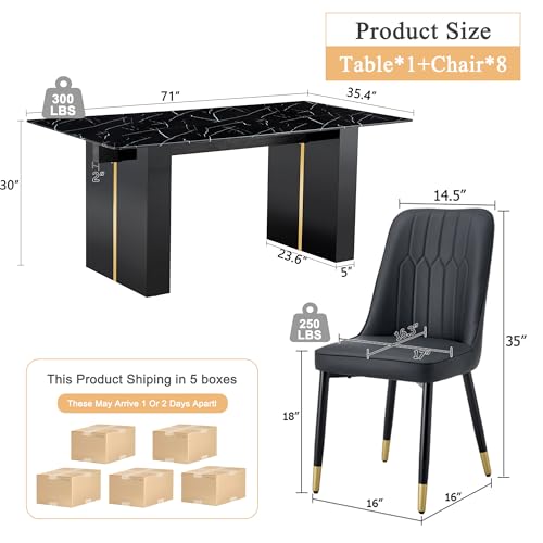 MUUOKY 71" Dining Table Set for 8,9 Piece Dining Table Set, Black Marble Dining Table with 8 PU Leather dining chairs for Kitchen, Dining and Living Room