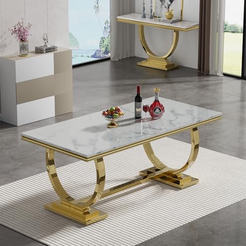Gnrolaz 7 Pieces Dining Table Set, Luxurious Gold Dining Table and Chair Set for 6, 70inch Faux Marble Dining Room Table with 6 Dining Chairs, Dual-U Stainless Steel Base Kitchen Table for 6