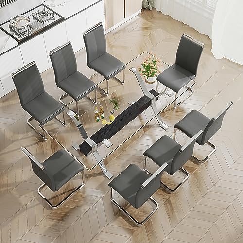 HAIZAO 79 inch Glass Dining Table Set for 8, Tempered Glass Tabletop with Silver Plated Metal Legs & Black MDF Crossbars, PU Faux Leather Chairs with Silver Metal Legs, for Kitchen, Dark Grey