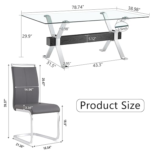 HAIZAO 79 inch Glass Dining Table Set for 8, Tempered Glass Tabletop with Silver Plated Metal Legs & Black MDF Crossbars, PU Faux Leather Chairs with Silver Metal Legs, for Kitchen, Dark Grey