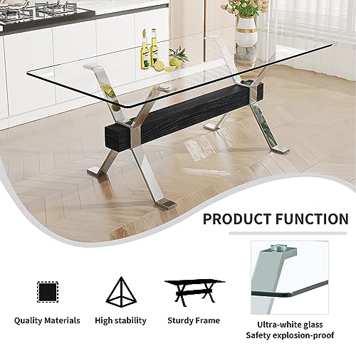 HAIZAO 79 inch Glass Dining Table Set for 8, Tempered Glass Tabletop with Silver Plated Metal Legs & Black MDF Crossbars, PU Faux Leather Chairs with Silver Metal Legs, for Kitchen, Dark Grey