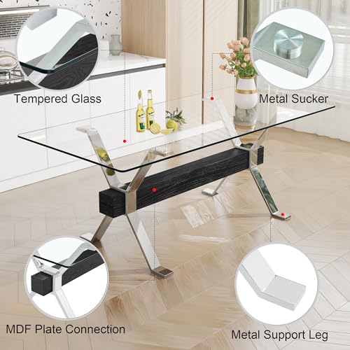 HAIZAO 79 inch Glass Dining Table Set for 8, Tempered Glass Tabletop with Silver Plated Metal Legs & Black MDF Crossbars, PU Faux Leather Chairs with Silver Metal Legs, for Kitchen, Dark Grey